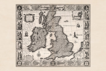 1630 Britische Inseln Kartenprint - Historische Städte & Illustration traditioneller regionaler Trachten
