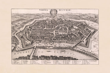 Stampa Mappa di Vienna 1649 di Matthäus Merian - Incisione Vintage della Città Austriaca Arte Murale