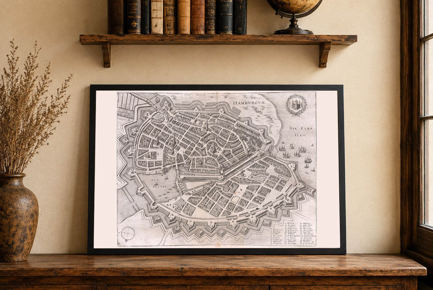 Mappa di Amburgo 1653 - Vista panoramica della città del XVII secolo con mura bastionate