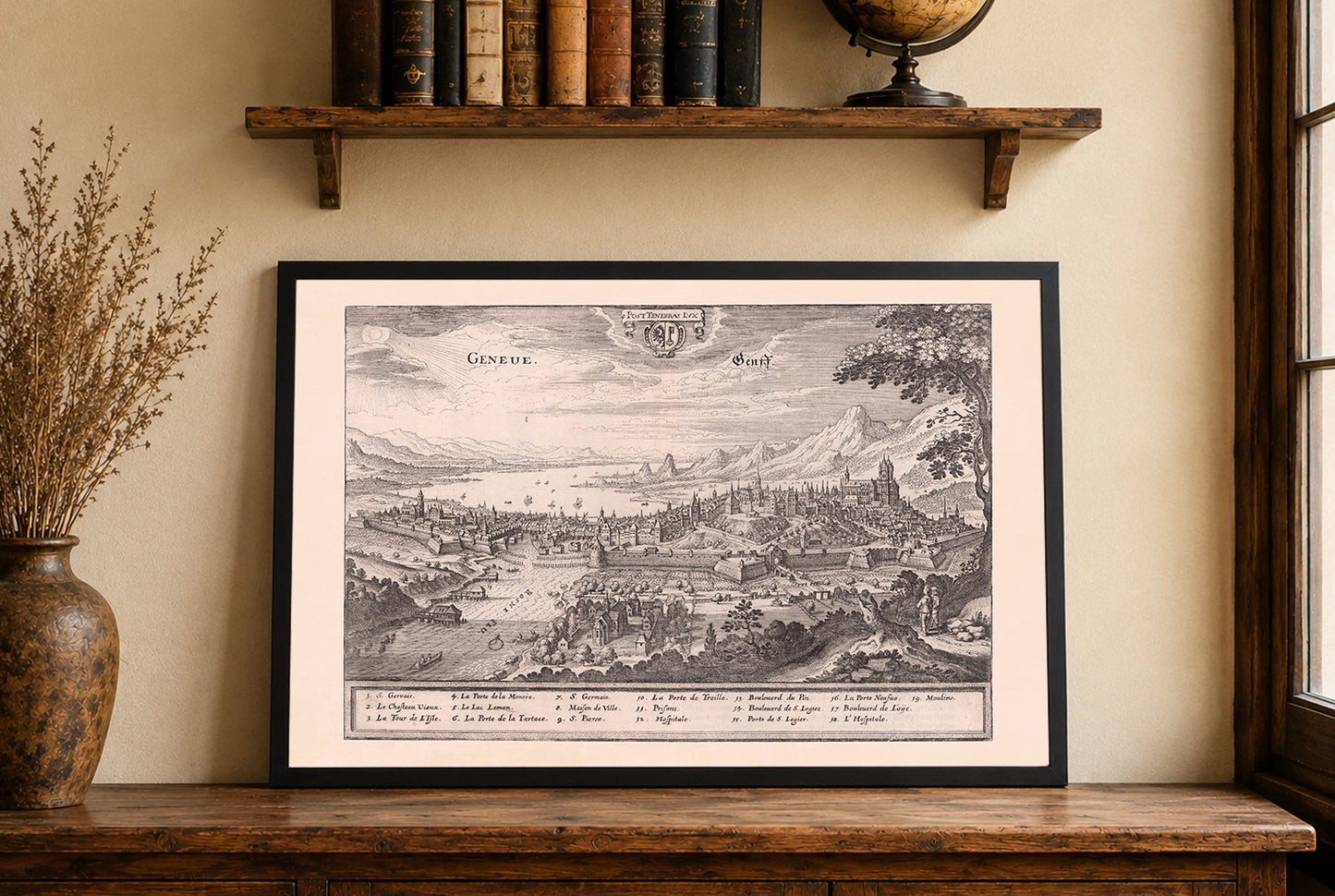 Poster mappa di Ginevra 1654 - Vista panoramica dall'alto con lago di Ginevra e punti di riferimento principali