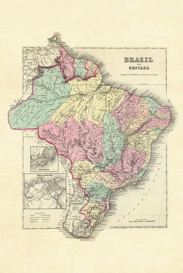 1856 Brasilien und Guayana Karte Poster - Handkolorierte Regionen mit Rio de Janeiro Detail