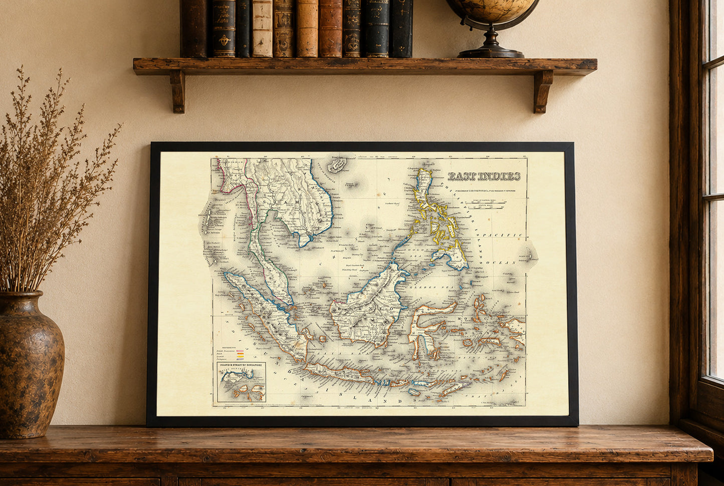 Stampa cartografica delle Indie Orientali 1856 - Mappa vintage con confini coloniali
