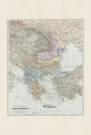 Península balcánica de 1904 - Estados y provincias - Póster de mapa histórico de Edward Stanford