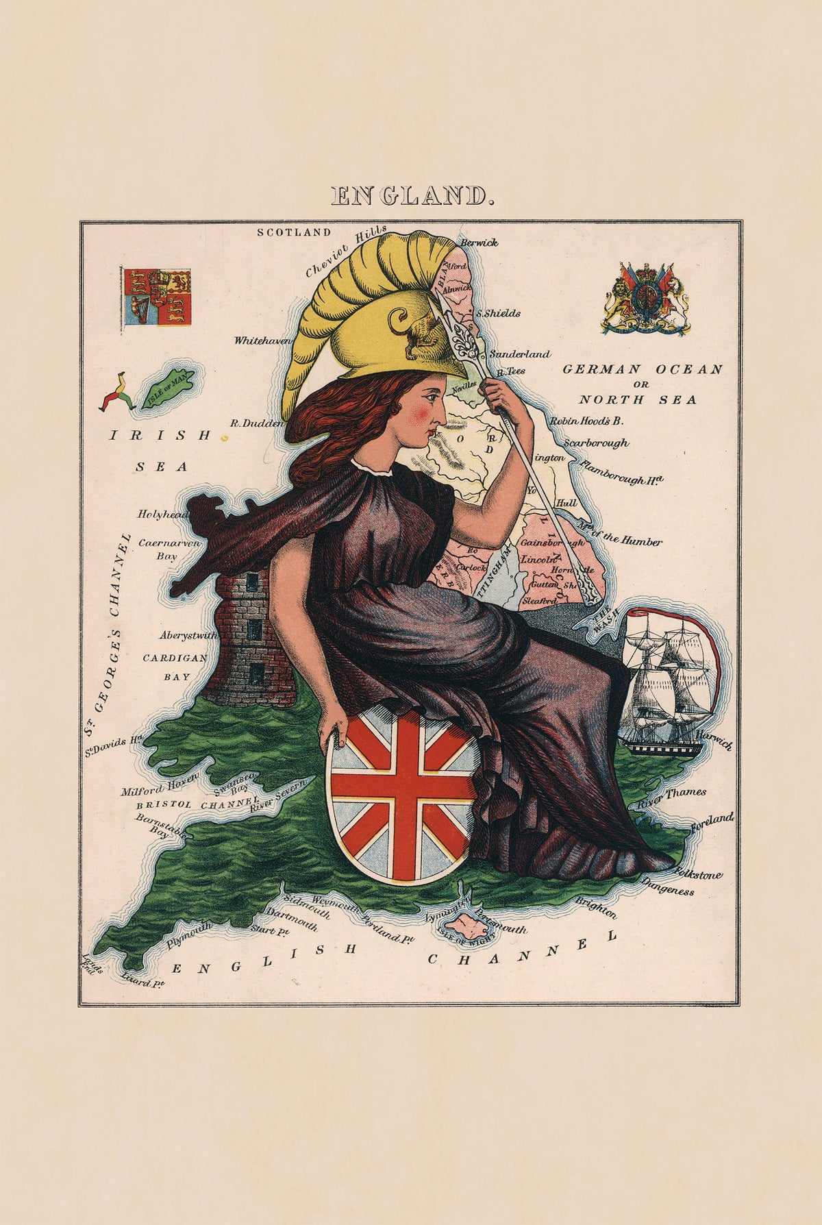 England 1868 - Lilian Lancaster - Britannia Satirical Pictorial Map Poster
