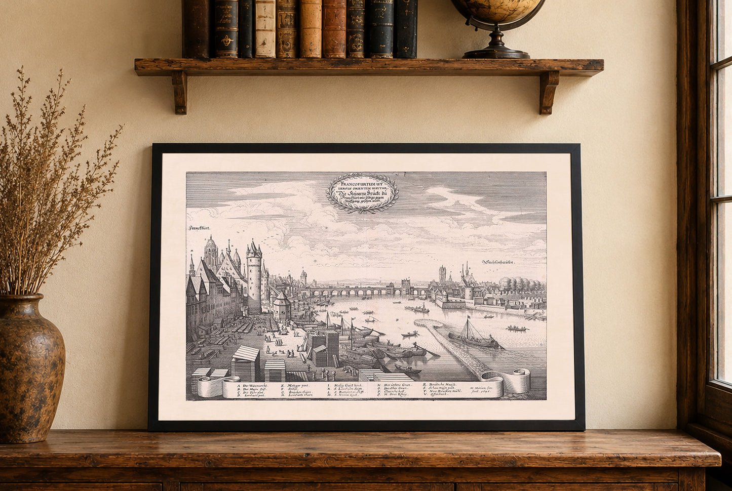 Frankfurt City Map Poster (1646) - Vintage Stone Bridge Engraving Wall Art