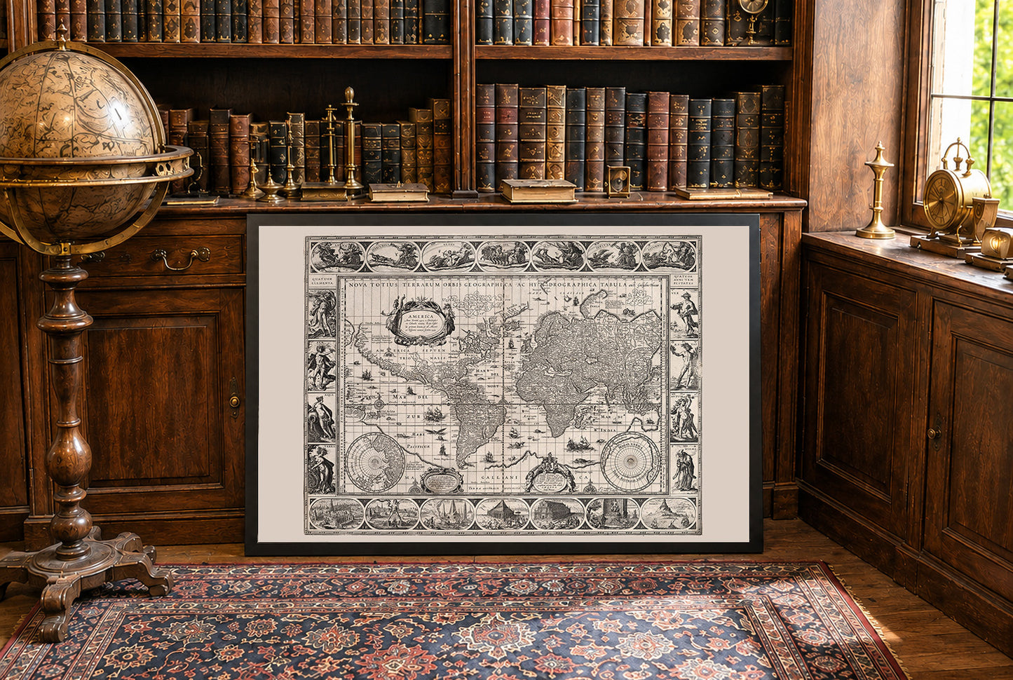 Mappa vintage mondo (1630) - Stampa d'arte fine con mitologia e sette meraviglie