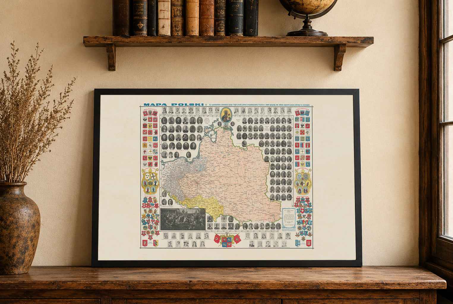 Historical Poland Map Poster (1910) - Patriotic Map with Polish Rulers, Coats of Arms & Hołd Pruski