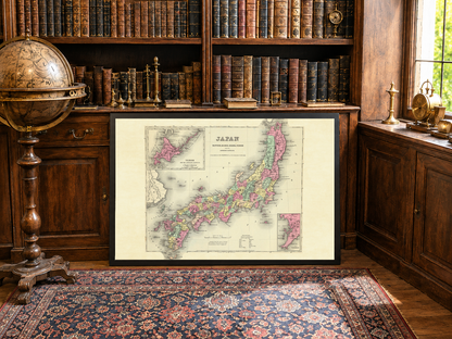 1856 Japan Karte Poster - Nippon mit Kiusiu, Sikok und Yesso Detail, handkolorierte Regionen
