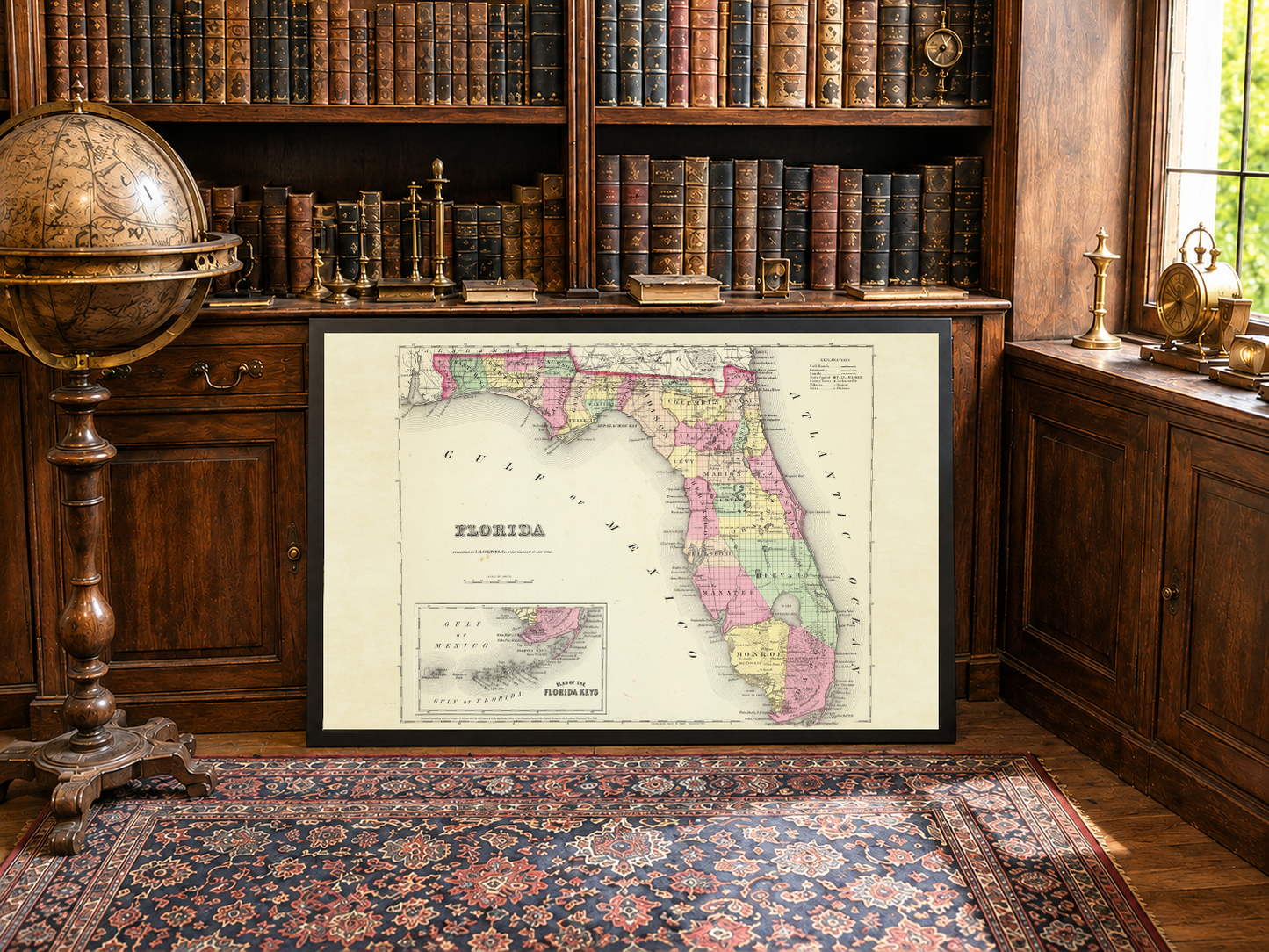Poster mappa della Florida 1856 - Mappa delle contee colorata a mano con confini dettagliati