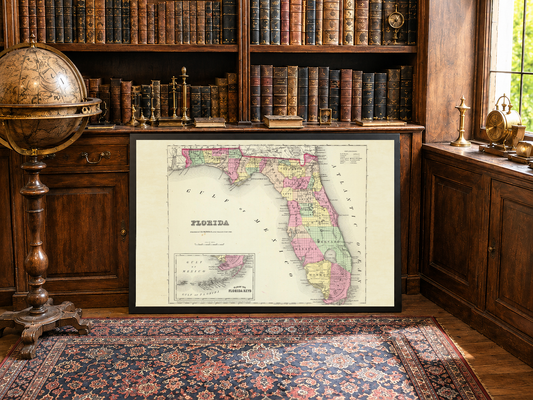 Poster mappa della Florida 1856 - Mappa delle contee colorata a mano con confini dettagliati