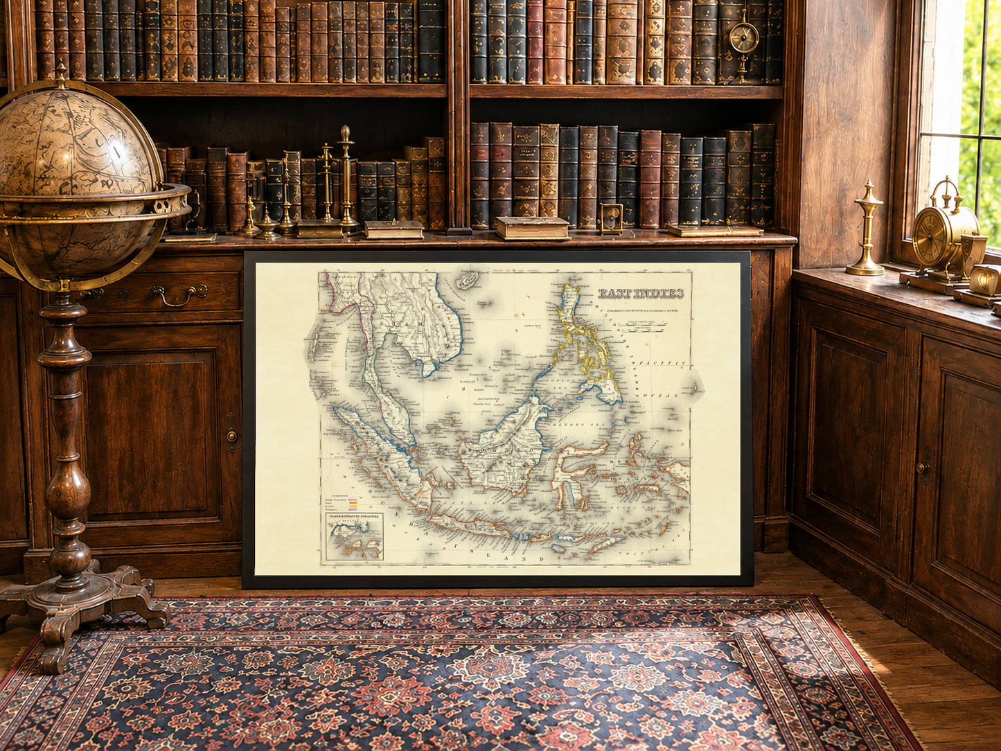 Stampa cartografica delle Indie Orientali 1856 - Mappa vintage con confini coloniali