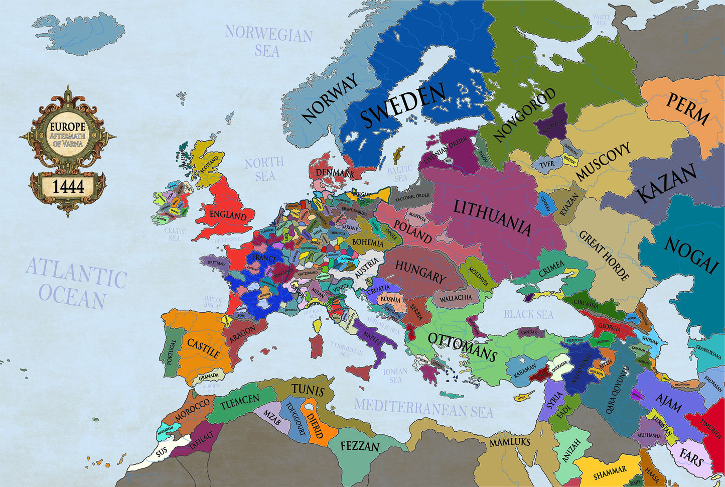 Carte de l’Europe de 1444 - Carte politique médiévale après la bataille de Varna
