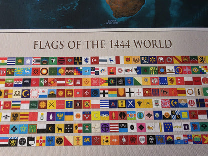 1444 World Map Poster - Political Map with Historical Countries & Flags