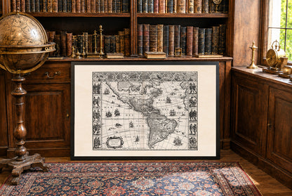 Póster del mapa de las Américas 1630 - Americae Nova Tabula con ciudades clave y vestimenta cultural