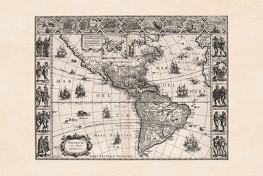 Poster mappa Americhe 1630 - Americae Nova Tabula con città chiave e abbigliamento culturale