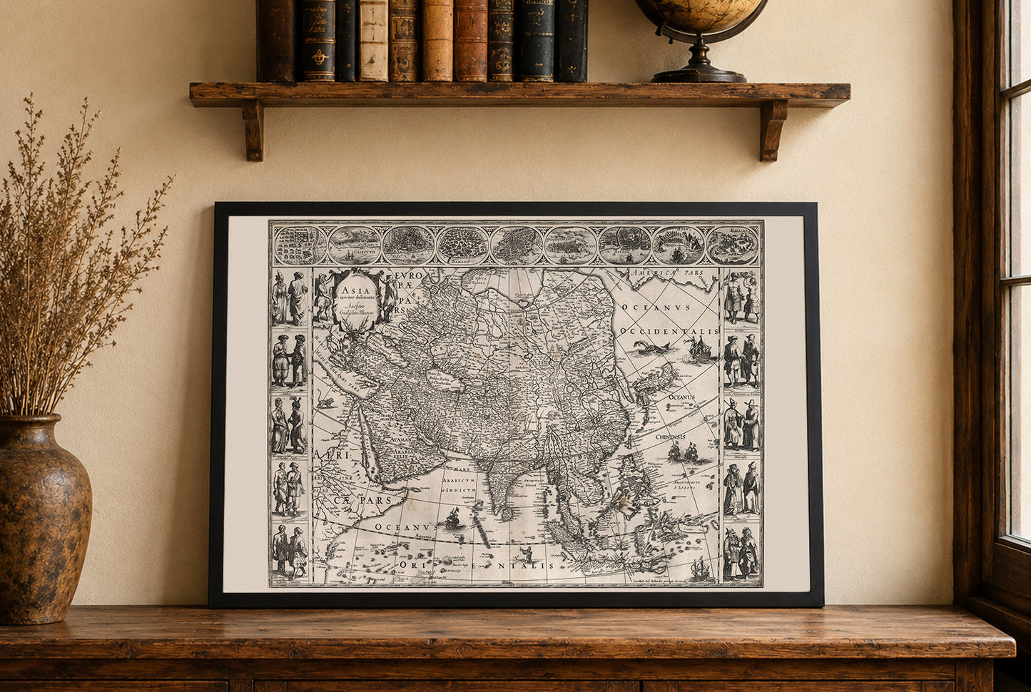 Poster mappa Asia 1630 - Asia Noviter Delineata con città chiave e abbigliamento culturale