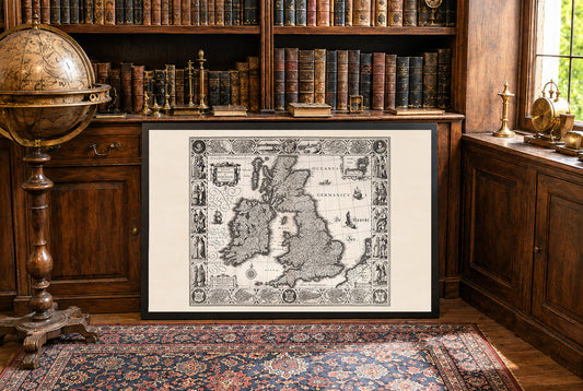 1630 British Isles Map Print - Historic Cities & Traditional Regional Dress Illustration
