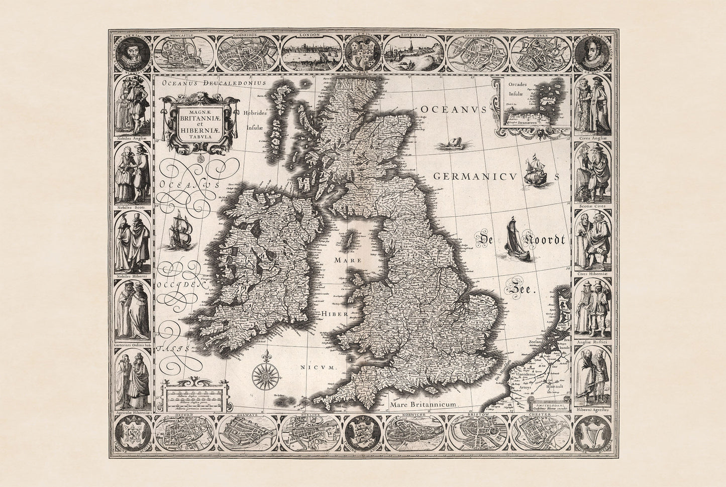 Stampa mappa Isole Britanniche 1630 - Illustrazione di città storiche e abiti regionali tradizionali