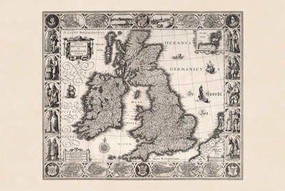 Stampa mappa Isole Britanniche 1630 - Illustrazione di città storiche e abiti regionali tradizionali