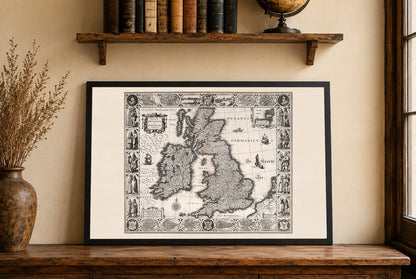 Stampa mappa Isole Britanniche 1630 - Illustrazione di città storiche e abiti regionali tradizionali