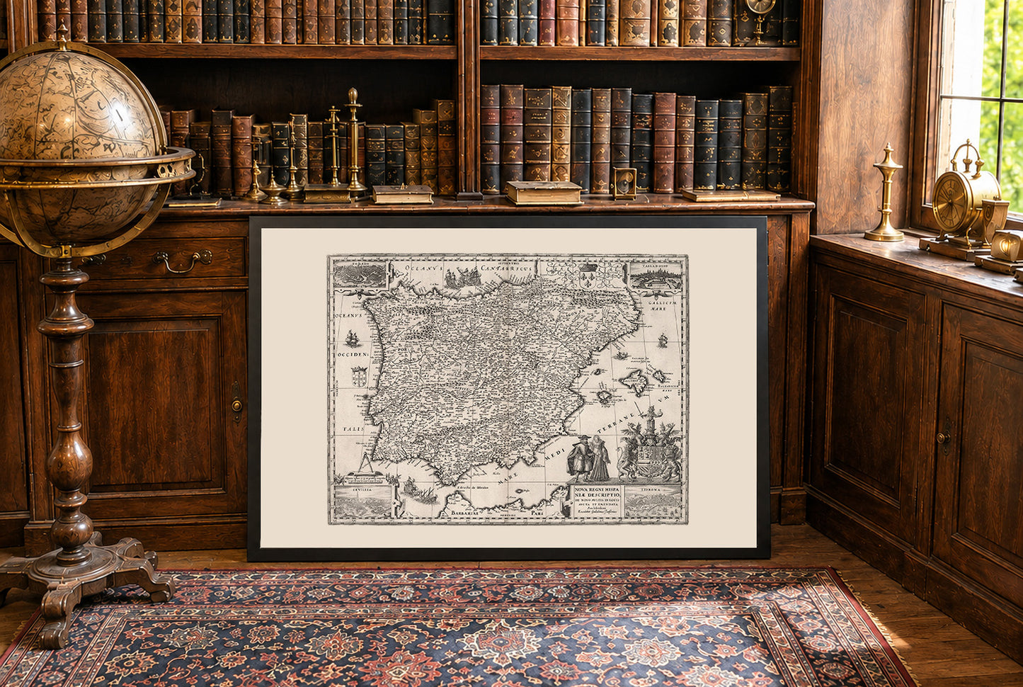 1630 Iberien Kartografie-Print - Vintage-Karte mit wichtigen urbanen Zentren und zeitgenössischer Kleidung