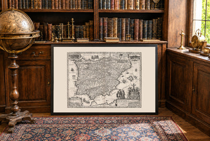 1630 Iberien Kartografie-Print - Vintage-Karte mit wichtigen urbanen Zentren und zeitgenössischer Kleidung