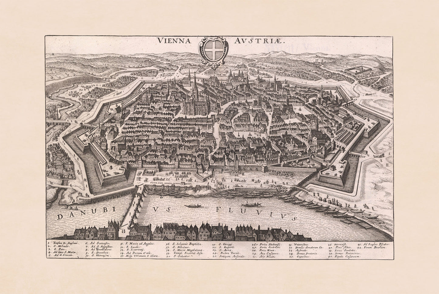 Stampa Mappa di Vienna 1649 di Matthäus Merian - Incisione Vintage della Città Austriaca Arte Murale