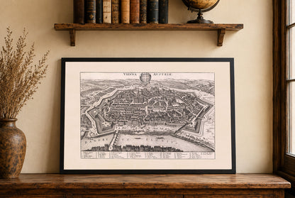 Stampa Mappa di Vienna 1649 di Matthäus Merian - Incisione Vintage della Città Austriaca Arte Murale