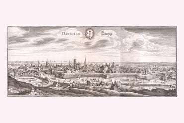Poster mappa di Danzica 1652 - Pianta a volo d'uccello di Gdańsk con fortificazioni e fiume Motława