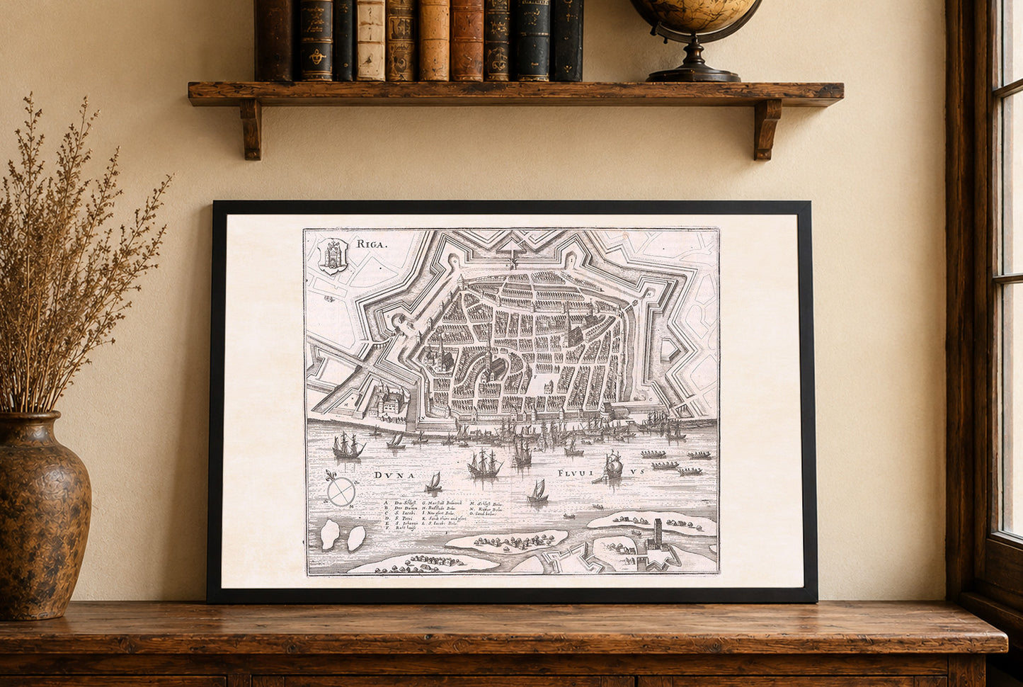 Cartel del Mapa de Riga 1652 - Plano Panorámico de la Ciudad con Fortificaciones Estrella, Barcos en el Puerto y Diseño Urbano