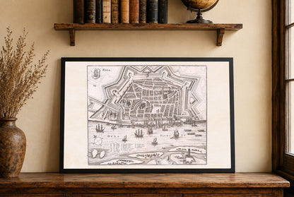 Cartel del Mapa de Riga 1652 - Plano Panorámico de la Ciudad con Fortificaciones Estrella, Barcos en el Puerto y Diseño Urbano