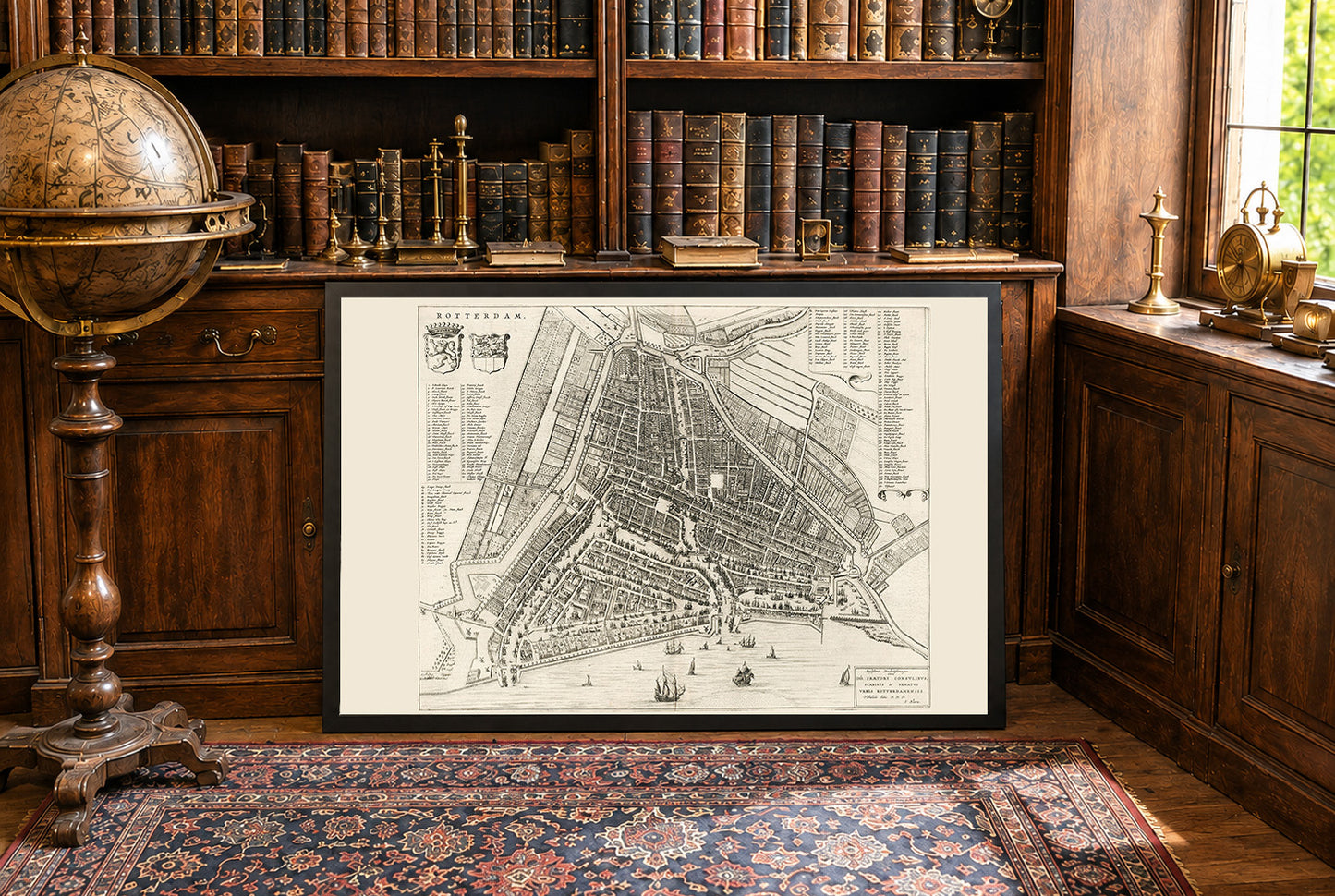 Poster mappa di Rotterdam 1652 - Pianta panoramica dettagliata della città con strade e vie d'acqua