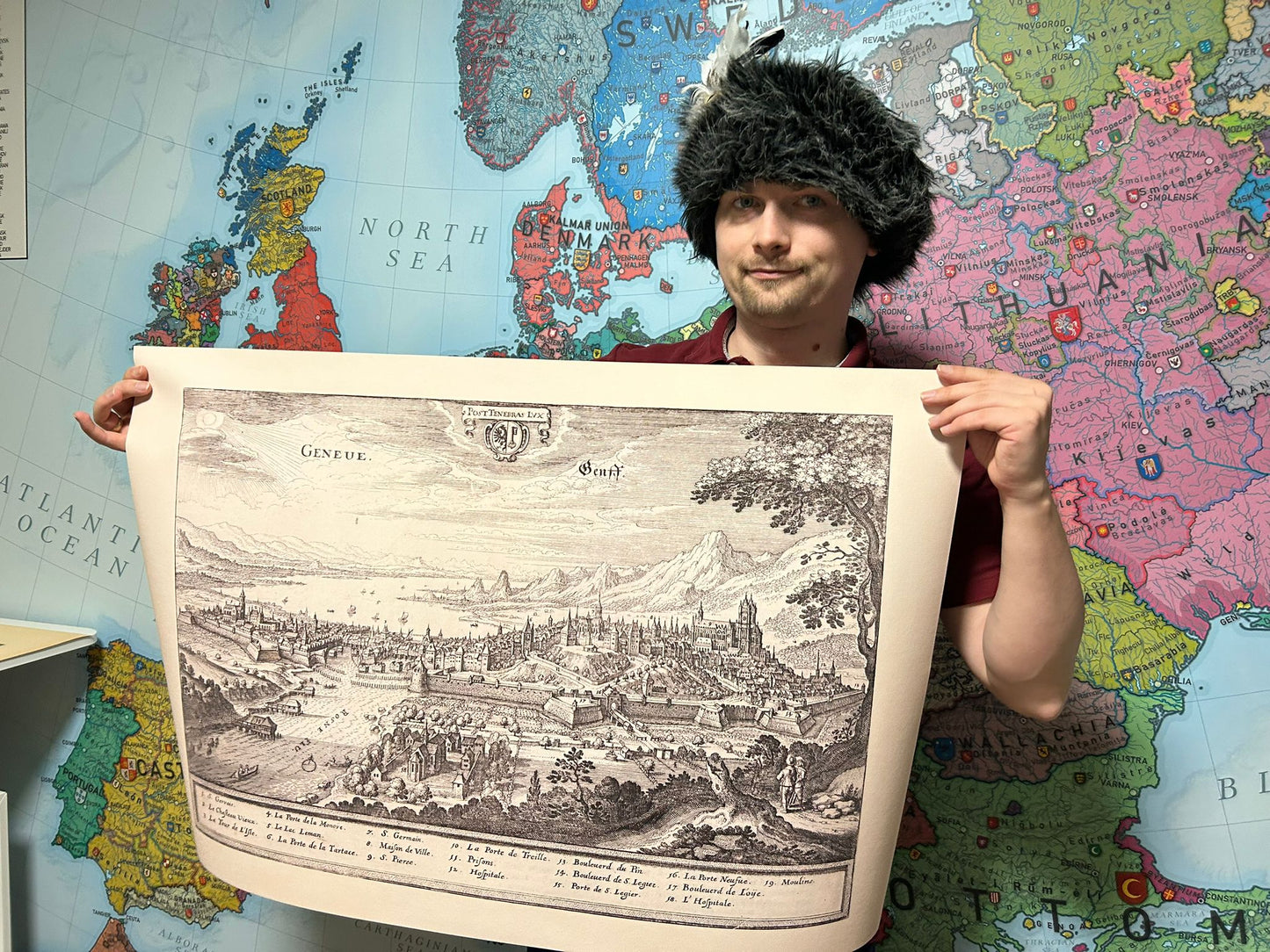 1654 Genf Kartenposter - Panoramablick aus der Vogelperspektive mit dem Genfersee und wichtigen Sehenswürdigkeiten