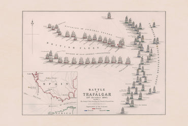 Stampa cartografica della battaglia di Trafalgar 1805 - Mappa navale storica con posizioni della flotta
