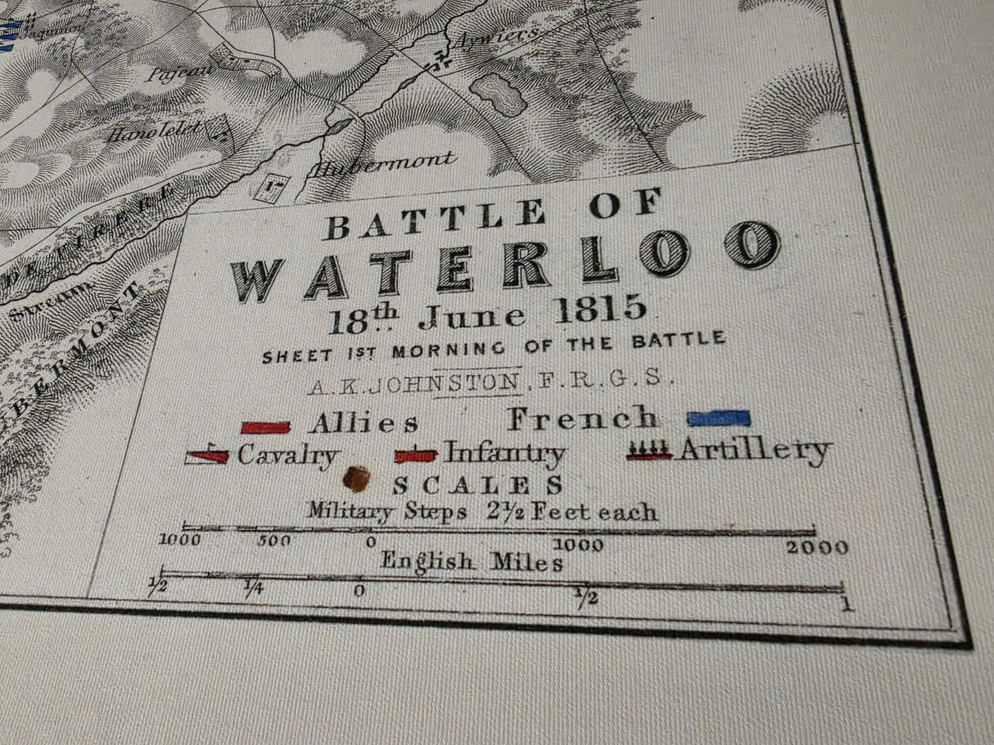 Stampa cartografica della battaglia di Waterloo 1815 - Piano militare storico con formazioni dell'esercito