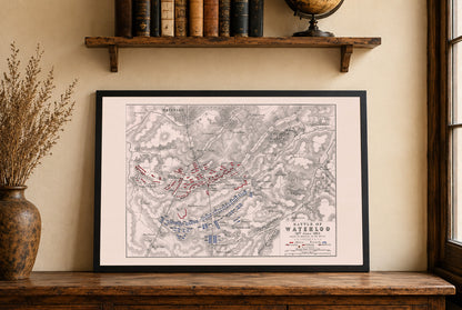 Stampa cartografica della battaglia di Waterloo 1815 - Piano militare storico con formazioni dell'esercito