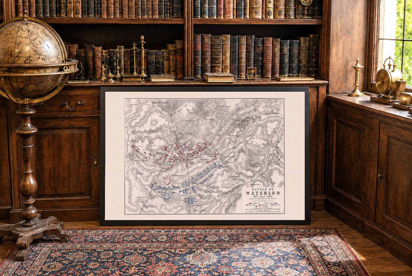 Stampa cartografica della battaglia di Waterloo 1815 - Piano militare storico con formazioni dell'esercito