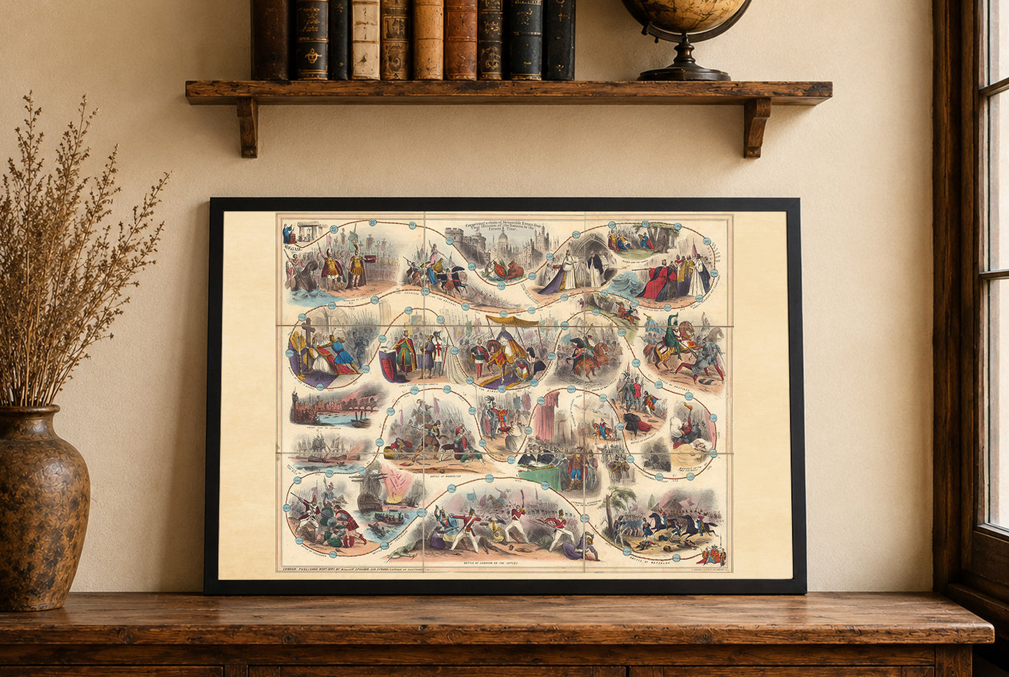 1847 Englische Geschichte Spielkarte Poster - Illustrierte Bildungslandschaft mit historischen Szenen