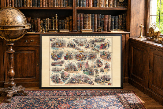 Poster mappa gioco di storia inglese 1847 - Tavola educativa illustrata con scene storiche