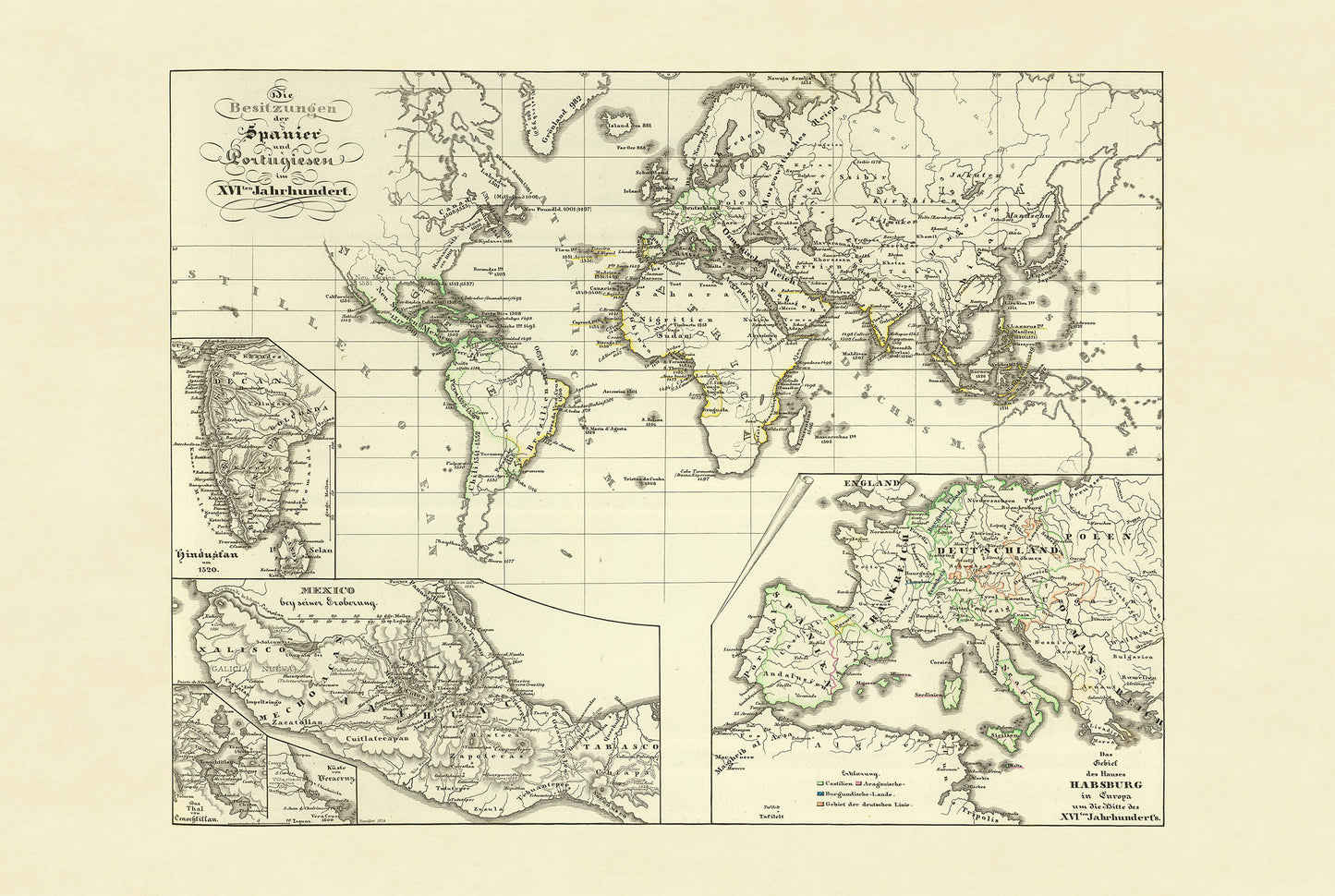 Mappa dell'Impero Coloniale Spagnolo e Portoghese 1854 - Stampa Atlante Storico Vintage