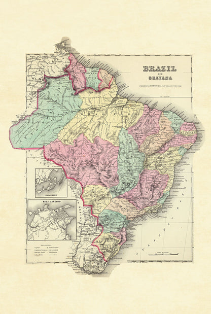 Plakat z mapą Brazylii i Gujany z 1856 r. - Ręcznie kolorowane regiony ze szczegółami Rio de Janeiro