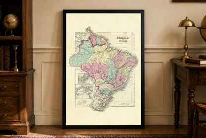 Plakat z mapą Brazylii i Gujany z 1856 r. - Ręcznie kolorowane regiony ze szczegółami Rio de Janeiro