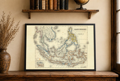 Stampa cartografica delle Indie Orientali 1856 - Mappa vintage con confini coloniali