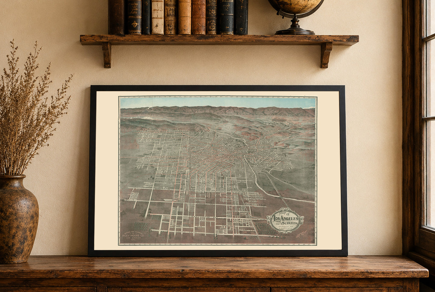 Cartel del Mapa de Los Ángeles 1906 - Plano Panorámico de la Ciudad con Calles y Líneas de Ferrocarril