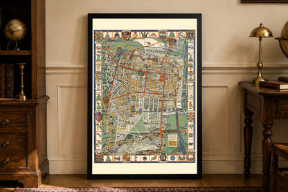 Cartel del Mapa de Ciudad de México 1932 - Plano Decorativo Pictórico con Símbolos Aztecas