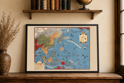 Cartel del Mapa del Teatro del Pacífico 1944 - Impresión Pictórica de la Segunda Guerra Mundial de Asia y el Pacífico hacia Tokio