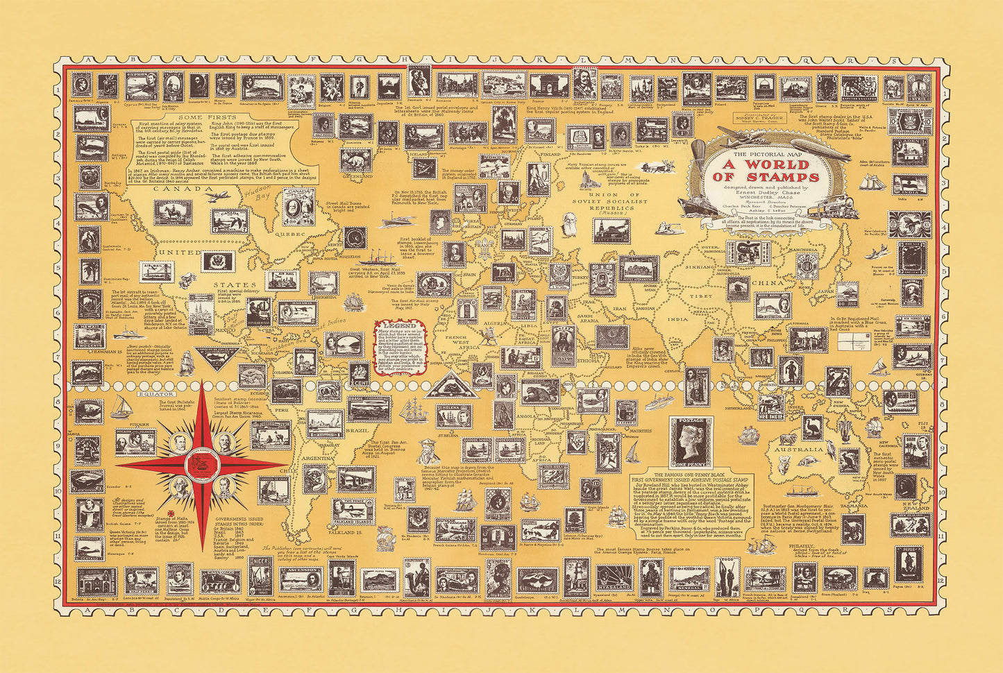 Poster Mappa Un Mondo di Francobolli (1947) - Arte Vintage di Filatelia e Storia Postale