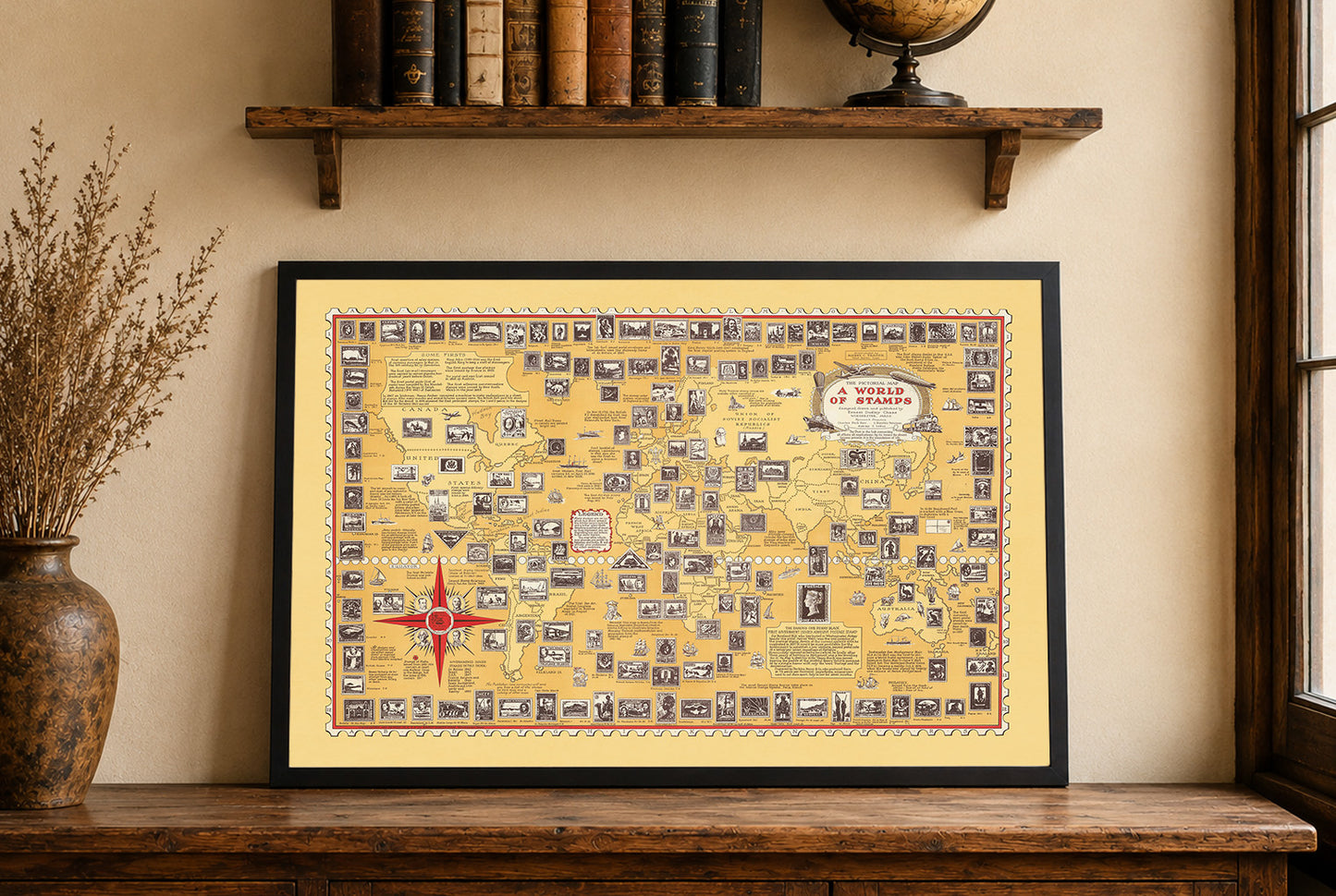 Poster Mappa Un Mondo di Francobolli (1947) - Arte Vintage di Filatelia e Storia Postale