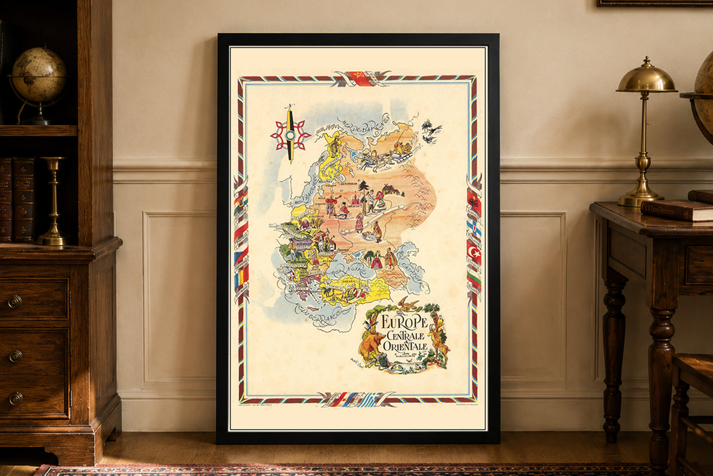 Mapa ilustrado de Europa Central y del Este - Mapa pictórico vintage con ciudades y fauna