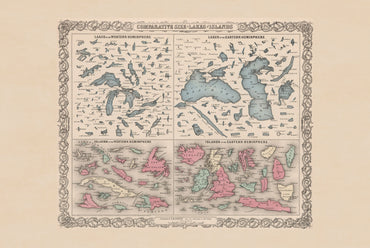 Dimensioni a confronto di laghi e isole 1855 - G.W. Colton - Poster della mappa storica